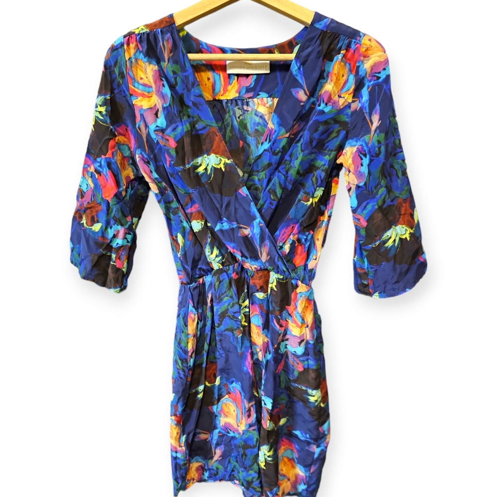 Amanda Uprichard Silk Floral Print V Neck Mini Dress